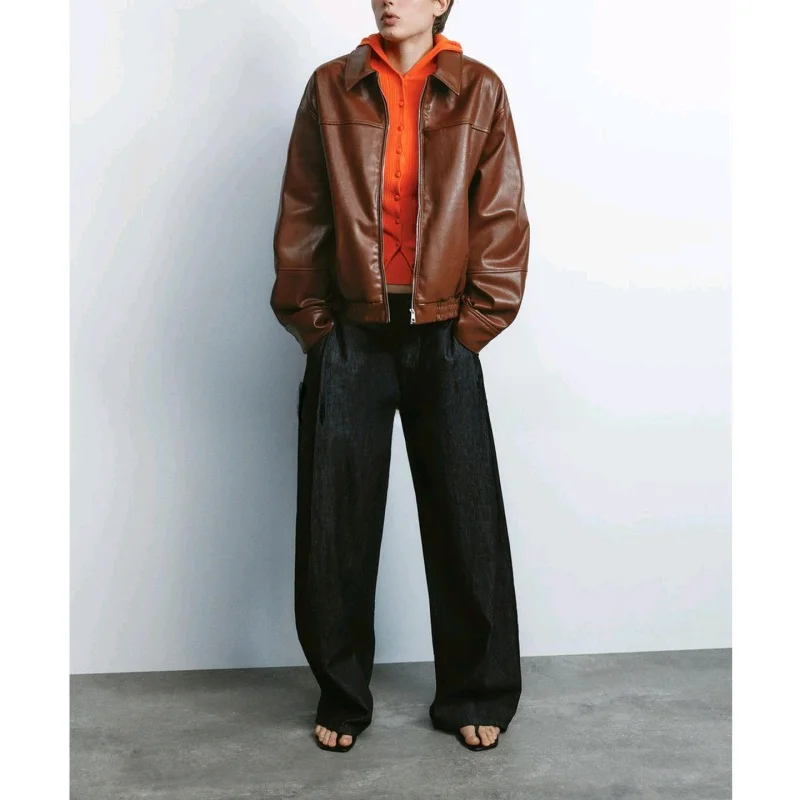 Herfst Dames Motor Sle PU Leer Pilot Jaet Bovenkleding Loose Fit Lange Sve Ritssluiting Faionable Pendelen