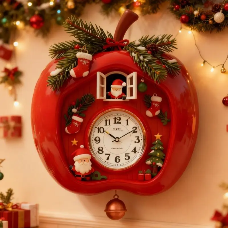 Christmas Red Apple Wall Clock Parent-child DIY Wall Watch Kids Room Festival Gifts Resin Walls Clock Creative Home Ornament