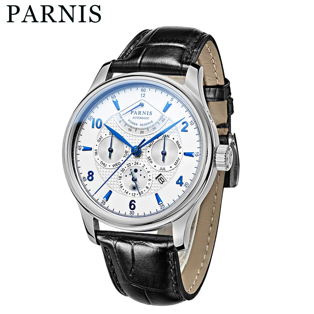 Parnis 43mm Power Reserve Automatic White Dial Blue Marks Men's Watch Month Date Day 24-hours