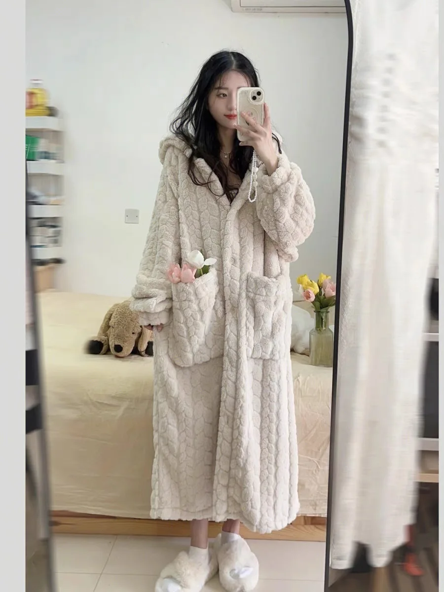 

Плюс размер коралловый Fce Spwear женский халат зимний Thiened пушистый декор на пуговицах домашняя одежда молодежная длинная длина