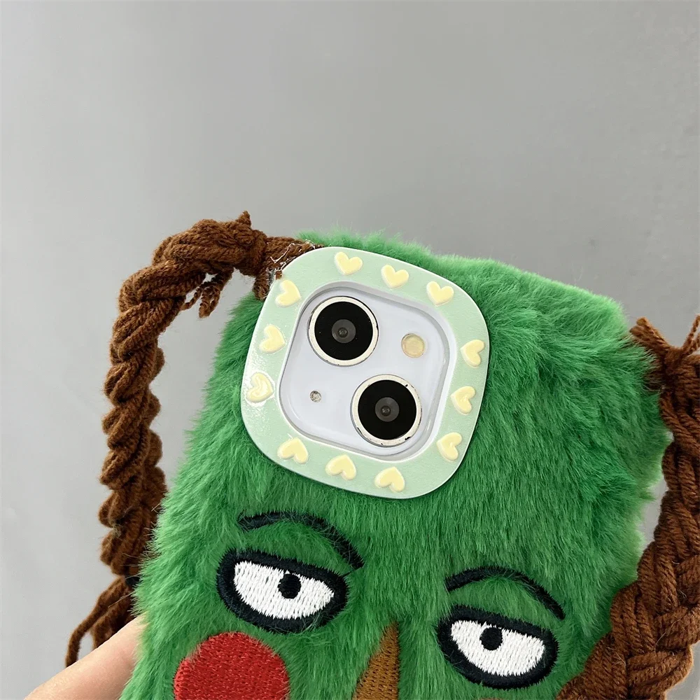 Korean Cute Funny Ugly Blush Face Fur Case For iPhone 15 14 13 12 Pro Max 11 Cartoon DIY Braids Plush Shockproof Soft Cover