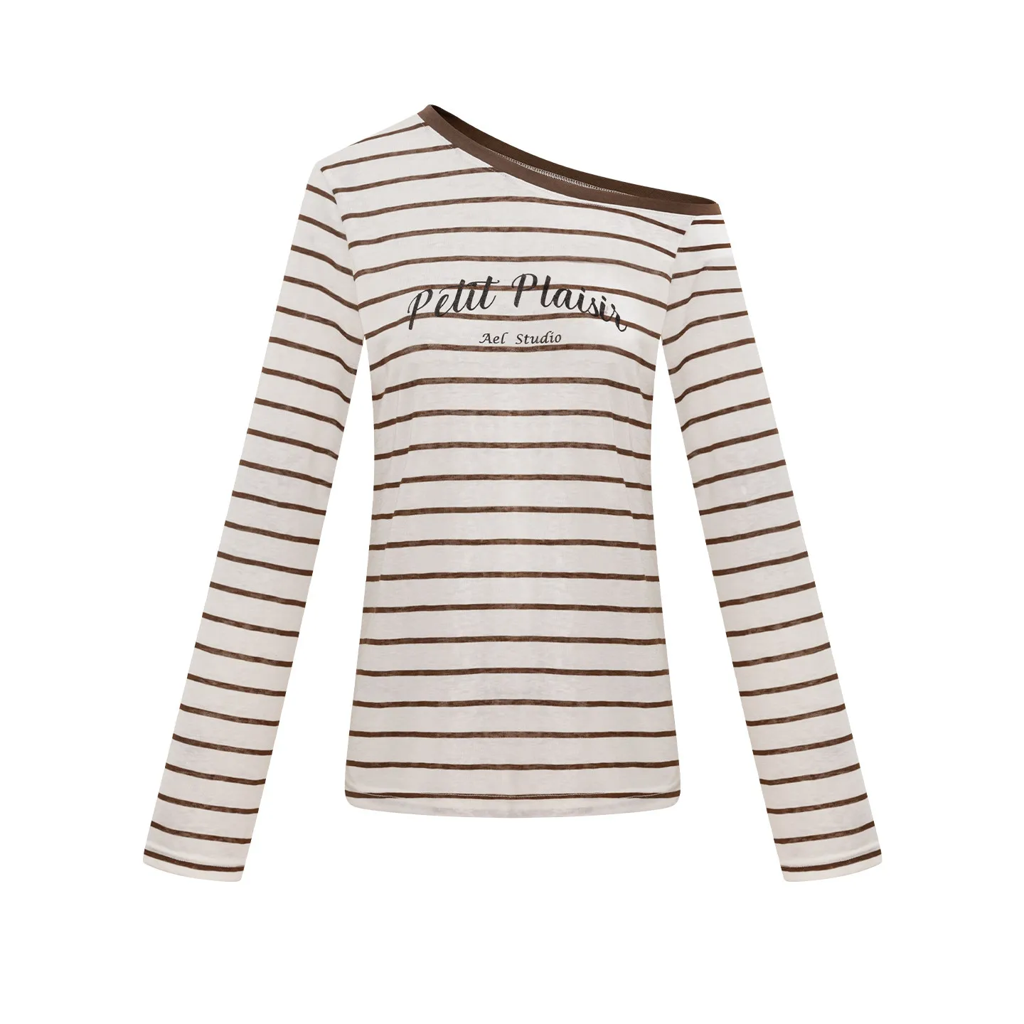 AEL Original Seaside Vacation Schräg Geschnittenes Gestreiftes Langarm-T-Shirt für Damen, Sommer 2026 Neu, Dünne Tencel-Bluse – Detail 6