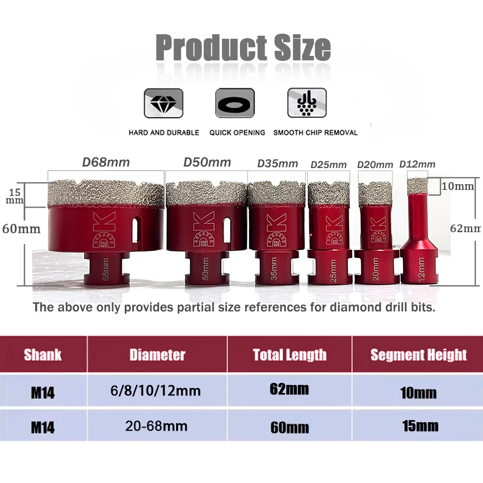 Clearance Item 1PC 6-68mm M14 Diamond Drilling Bit Tool Hole Saw Cutter Tile Drilling Crowns for Porcelain Tiles Ceramic Granite