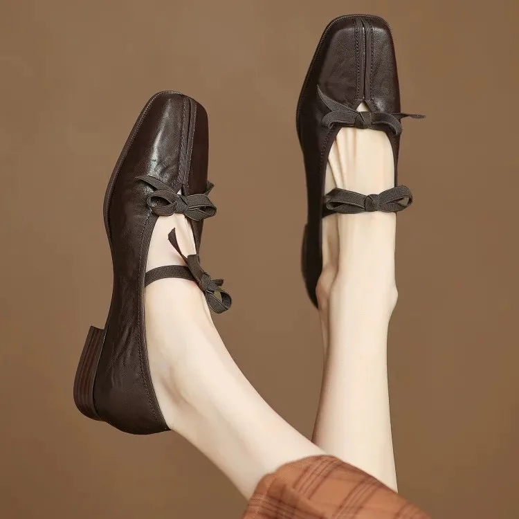 Butterfly Knot Mary Jane Small Leather Shoes Versatile Square Head Flat Single Shoes for Women 2026 New Edition