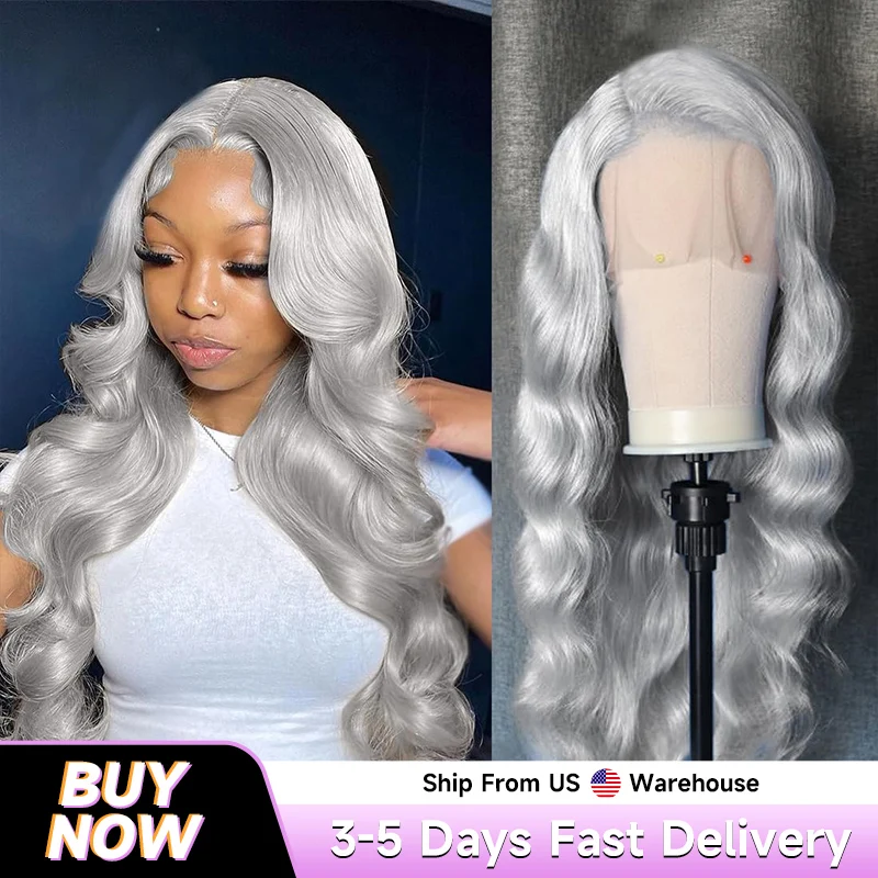 

Silver Grey Brazilian Human Hair Wig 13x6 HD Transparent Lace Front Pre Plucked Body Wave 28 40 Inch 180% 250% Density For Women