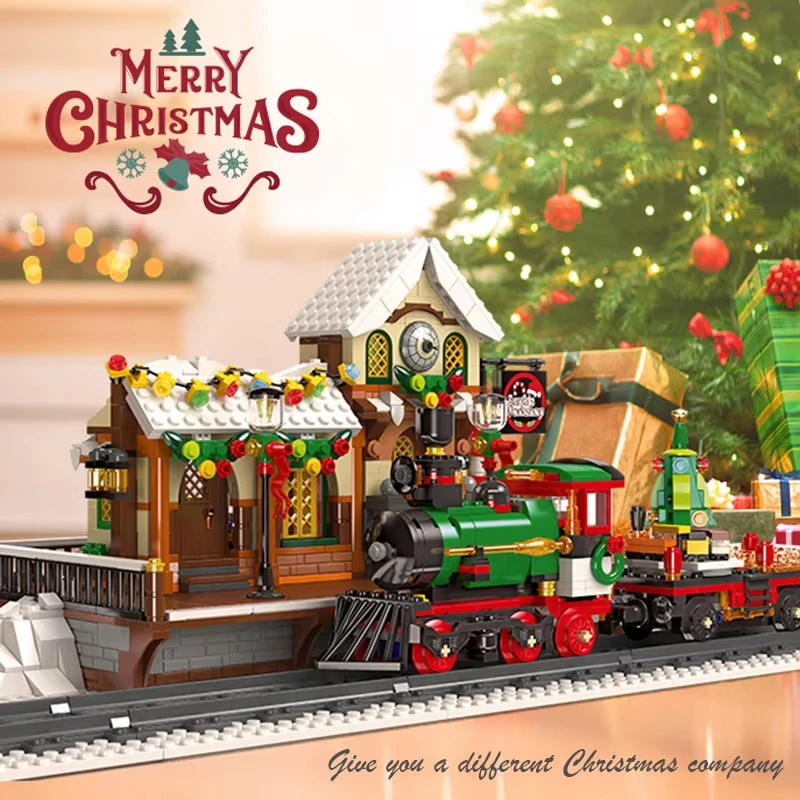 1362pcs Christmas Train Platform Building Blocks Set Winter Railway Station Model with Light Street View Kids Assembly Toy Gift