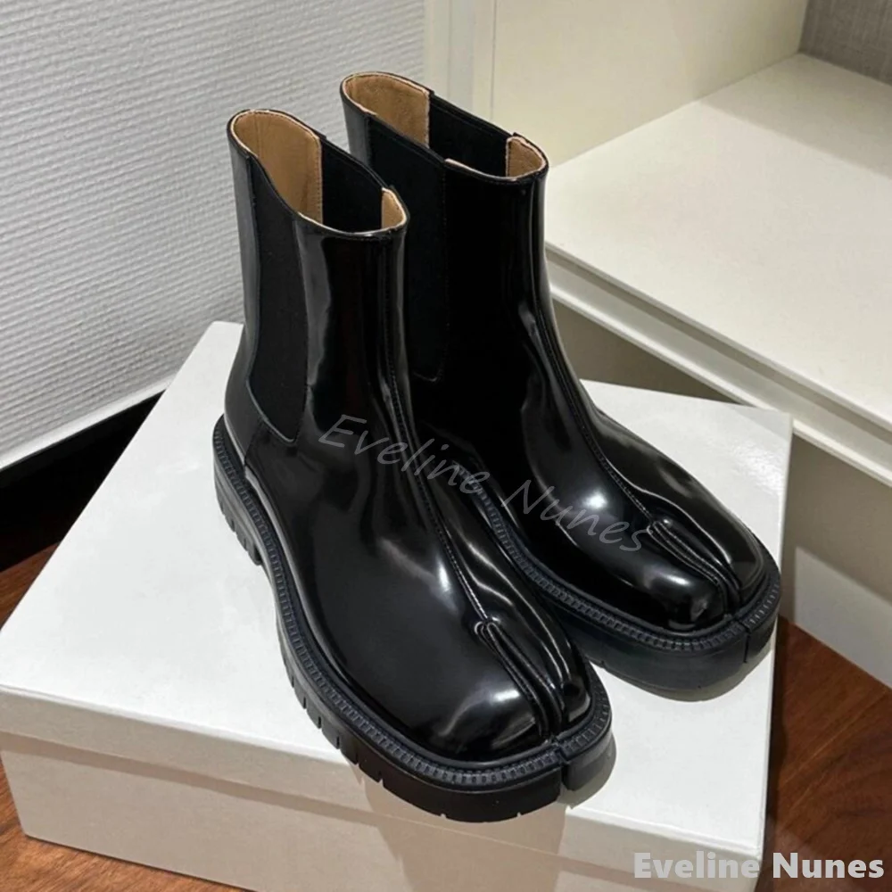 

Thick-soled leather Split toe boots women chunky heel black slip on stretch boots 2025 new fashion design Chelsea Horseshoe Boot