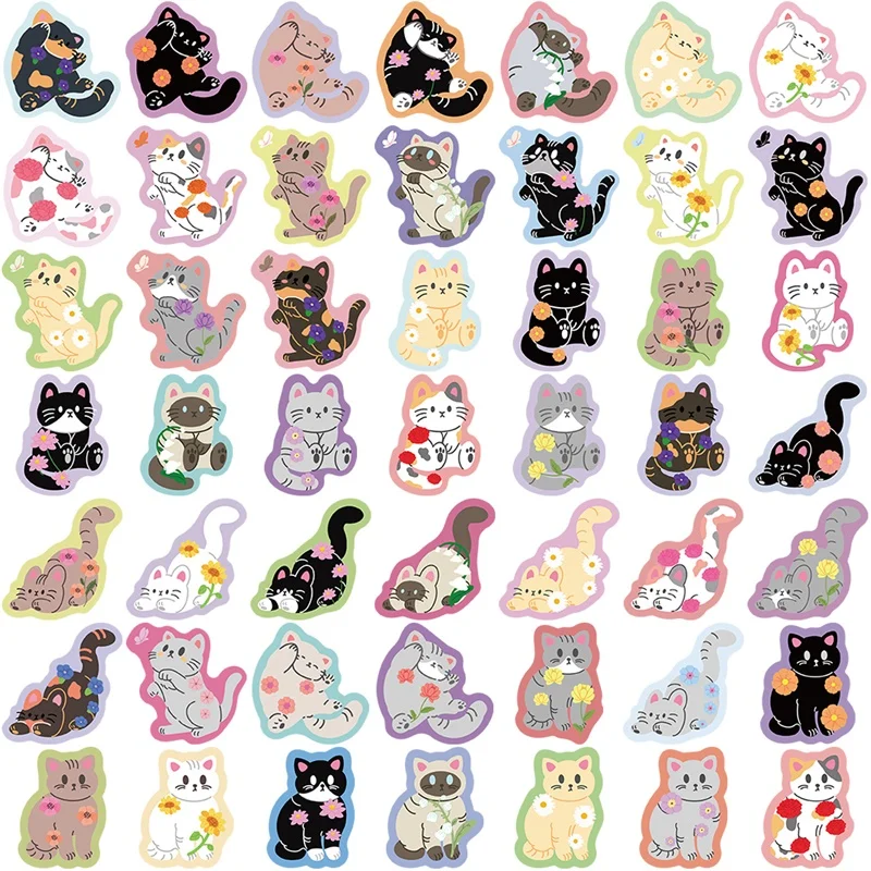 10/30/50PCS Cute Flower Cat PVC Sticky Sticker Aesthetic Korean DIY Decoration Scrapbooking Hand Accounting Supplies