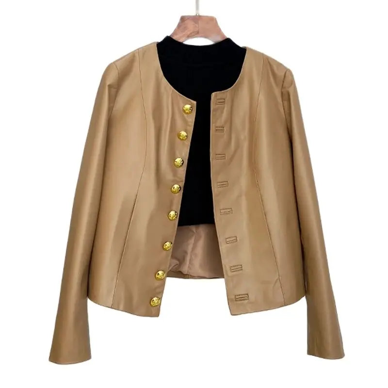 S-3XL Chic O-neck Women Single-breasted Real Leather Coat Fashion Khaki/Black Full Sleeve Female Slim-fit Sheepskin Short Jacket