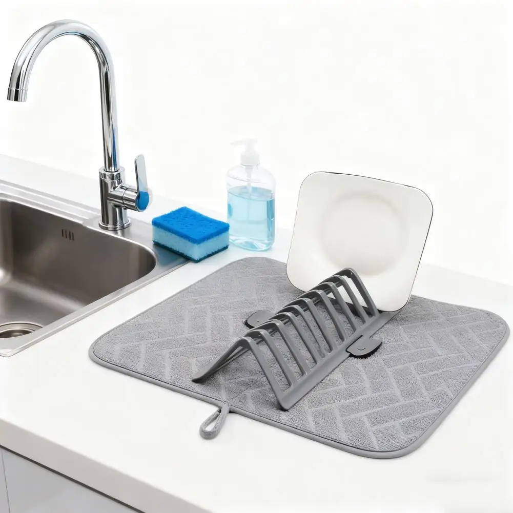 Foldable Dish Drying Mat Microfiber Drain Pad Stackable Shelf Design Non-Slip Kitchen Counter Organizer For Drainage Storage