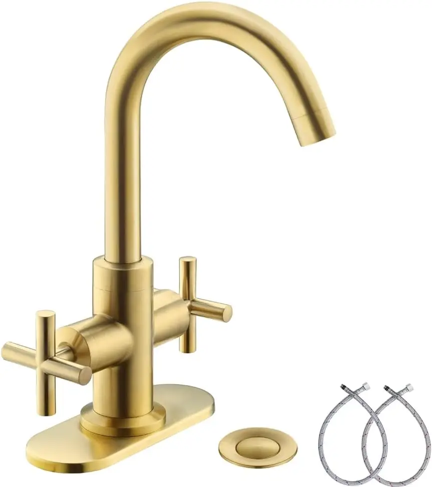 Brushed Gold  Sink Faucet, 4 Inch Single Hole or 3 Hole Centerset Vanity Faucet, with Swivel 360 Degree Spout, Pop Up Drain