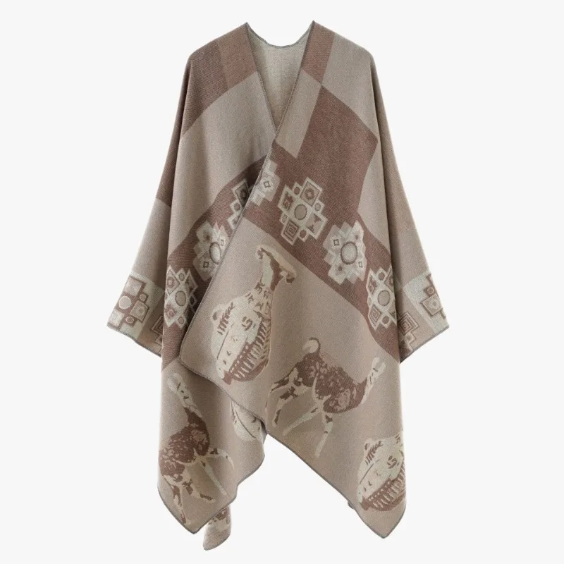 Women Retro Animal Pattern Poncho Open Front Cape Wrap Shawl For Autumn Winter Daily Outdoor Wear