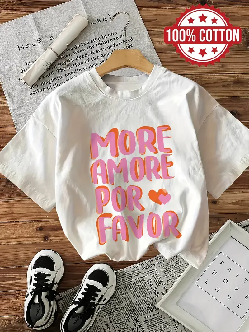 100% Cotton MORE AMORE POR FAVOR Graphic Print with Hearts T-Shirts Female T Shirts Tees Tops Women Clothing Ladies Tshirts