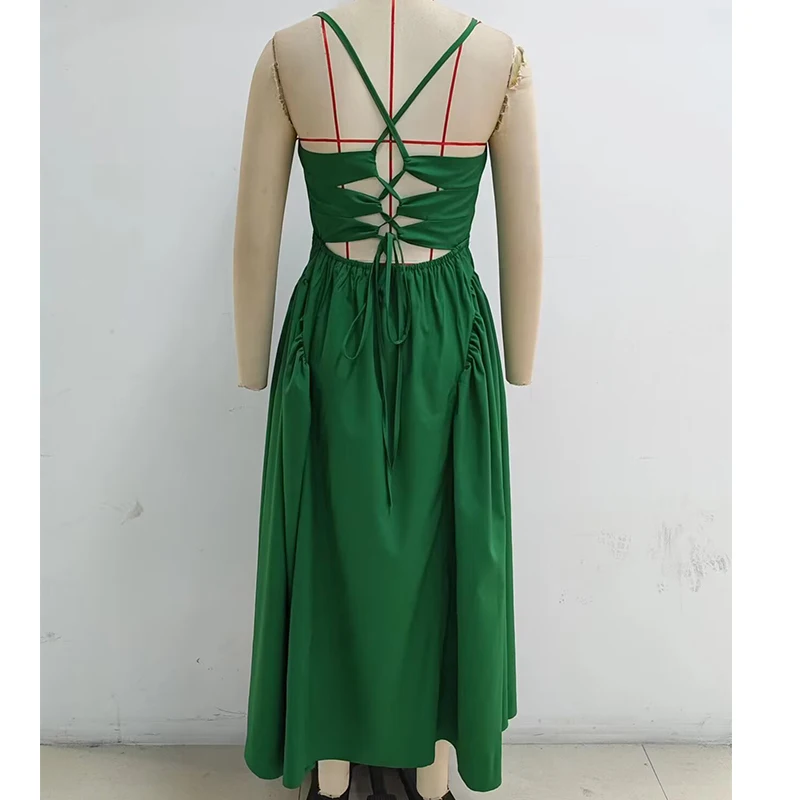 YENKYE Sexy Backless Back Cross Sling Green Dress Women Low Waist V Neck A-line Midi Summer Dress Chic Lady Vacation Vestidos