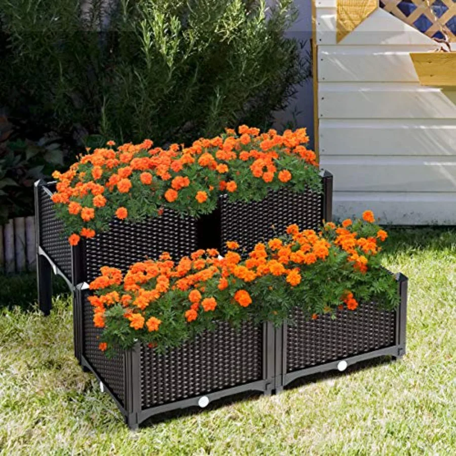 Outdoor raised garden bed kit, set of 4, plastic elevated planter boxes with self-watering design removable legs for patio, yar