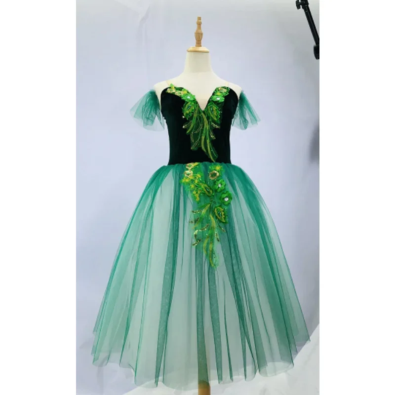 

Children's tutu Swan Lake performance suit Green puffed gauze skirt Adult long skirt dance suit 1 piece