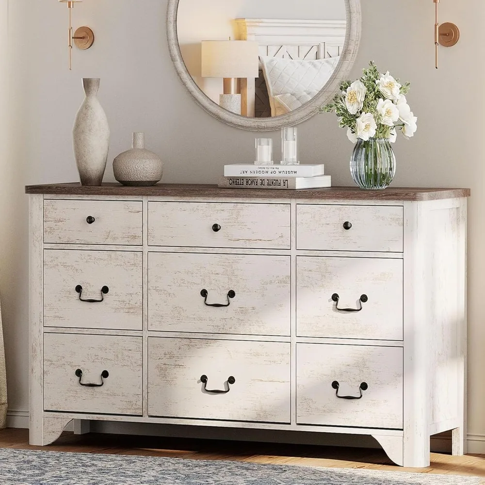 

9-drawer bedroom vanity, 53.5-inch wide white vanity TV stand with curved edge design