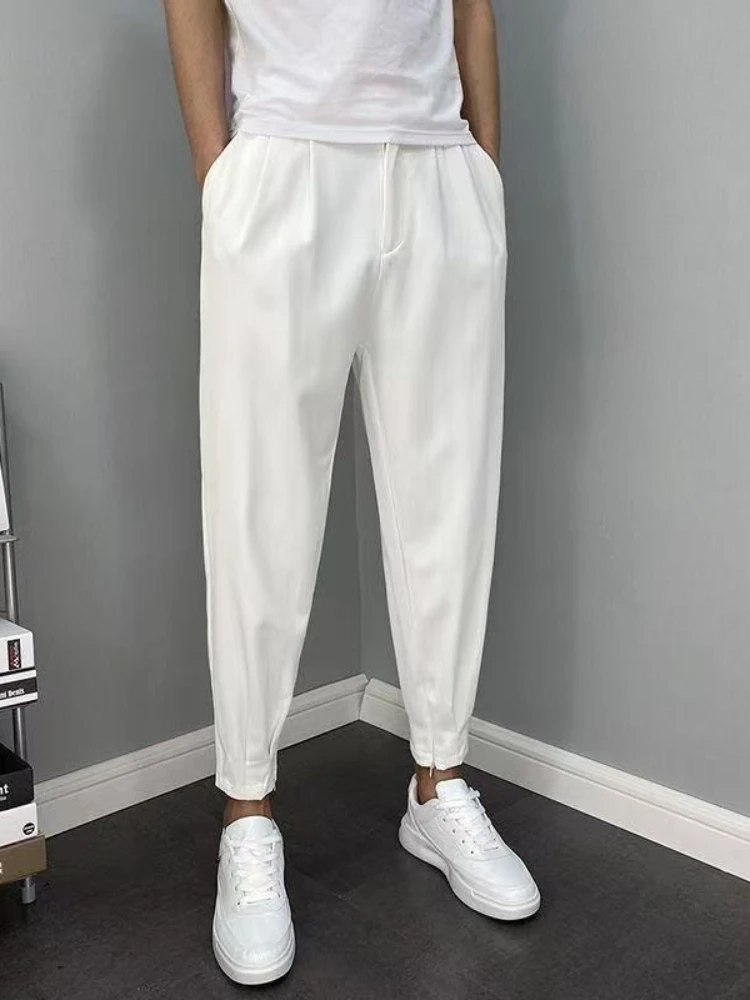 Men's Summer Slim Fit Blazer Pants Lightweight Casual Trousers Korean Style Drape Fabric Harem 9 Length Pants