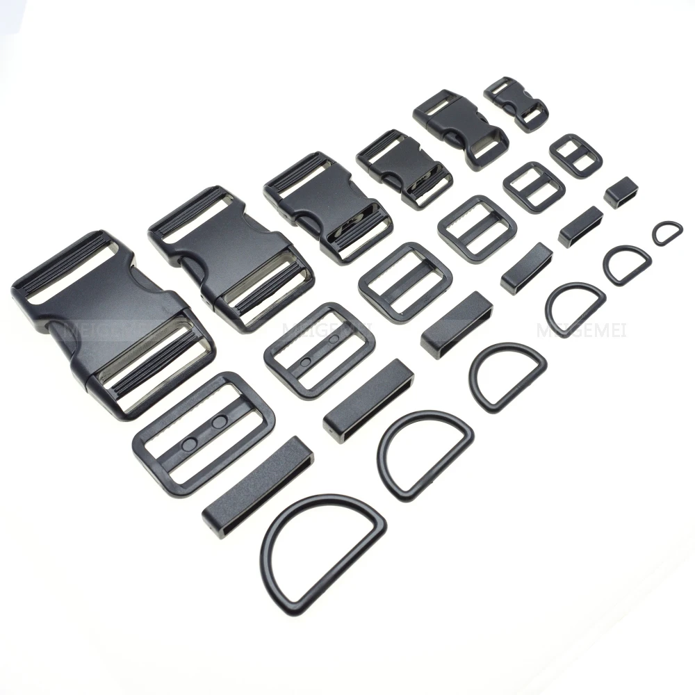 1 set 10mm 15mm 20mm 25mm 30mm 38mm Plastic Slider Adjustable D Rings Belt Loop Curved Side Release Buckles For Paracord