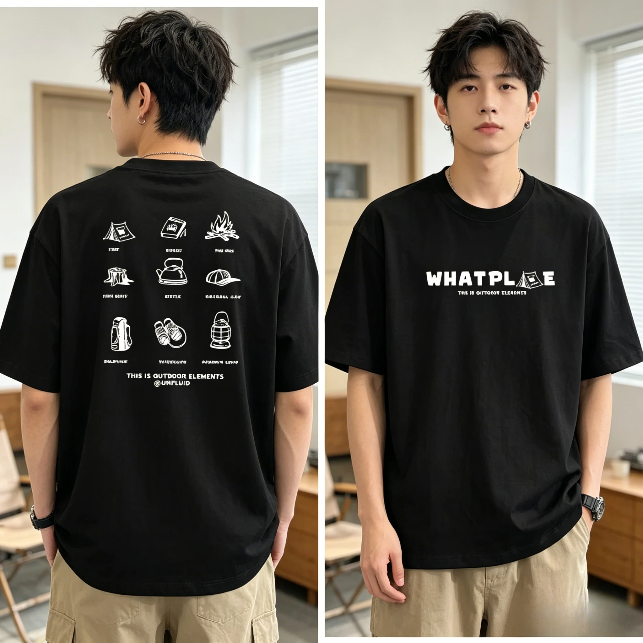 Outdoor Camping Elements Grafik-T-Shirt für Herren 100% Baumwolle Wandern Abenteuer Lässiges Kurzarm-Shirt Schwarz 2026 Neu