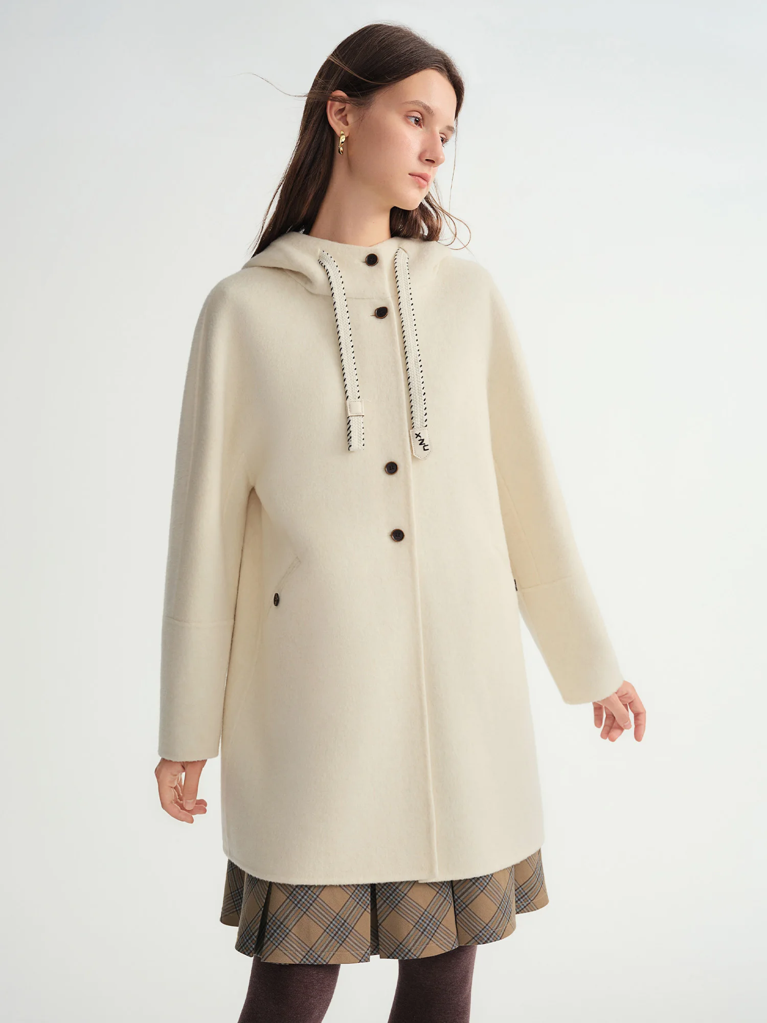 DUSHU Casual Japanese Style Slim Drawstring Hooded Wool Coat Solid Simple Ins Preppy