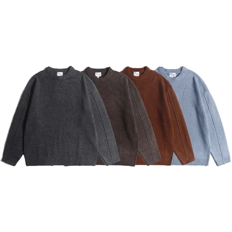 

Мужской зимний утепленный свитер с круглым вырезом, повседневный, теплый, свободного кроя, однотонный, в стиле ретро, модный, брендовый