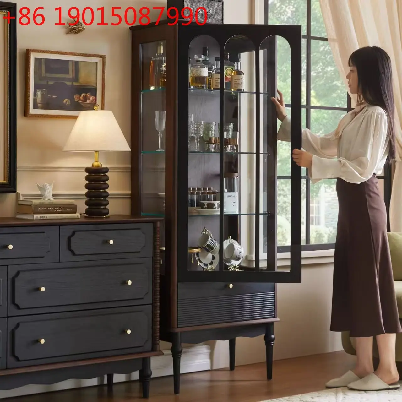 

Retro solid wood glass wine cabinet French small apartment living room wall display storage American home small sideboard