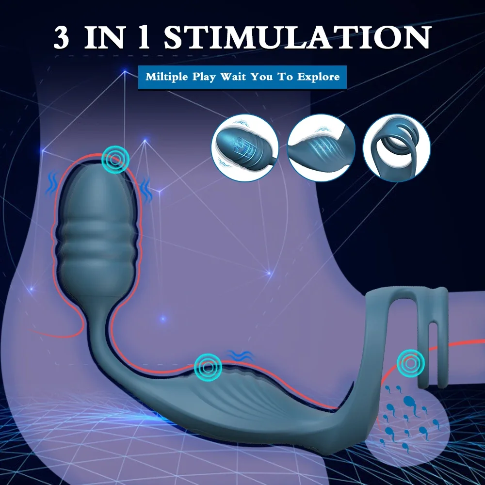 Cock Penis Ring with Prostate Anal Butt Plug Vibrator Perineum Stimulator Testicle Perineum Scrotum Massager Sex Toy for Men