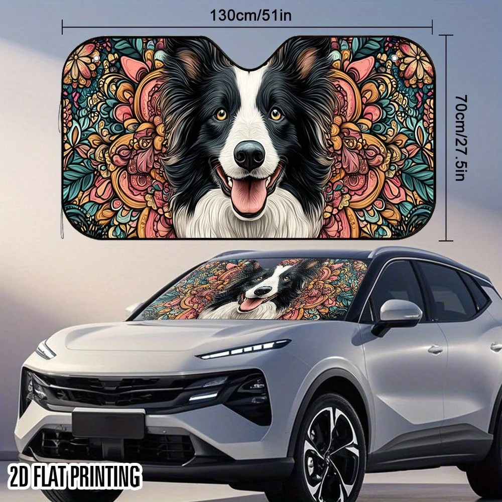 1pc Border Collie Dog Car Sunshade - With Floral Patterns, UV Protection & Heat Reduction Window Shade, Foldable Sunshade With 4