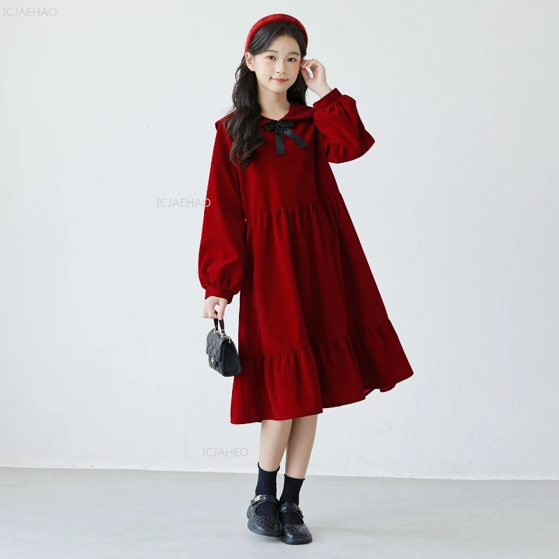 Korean Style Girls Velvet Party Dress Children Long  Pageant Dresses Costume Sleeve Bow Princess Gown Wedding Birthday Formal