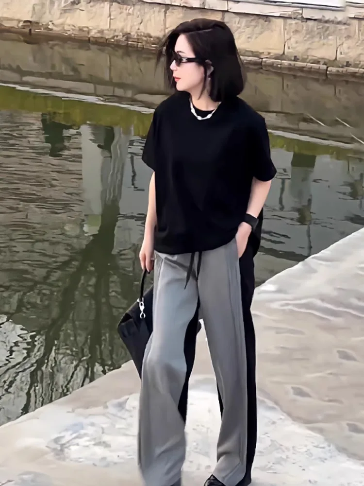 

Korean High-End Feeling Women's Summer Loose Slimming Sporty Casual Black Short Sleeve Wide Leg Pants Two-Piece Set