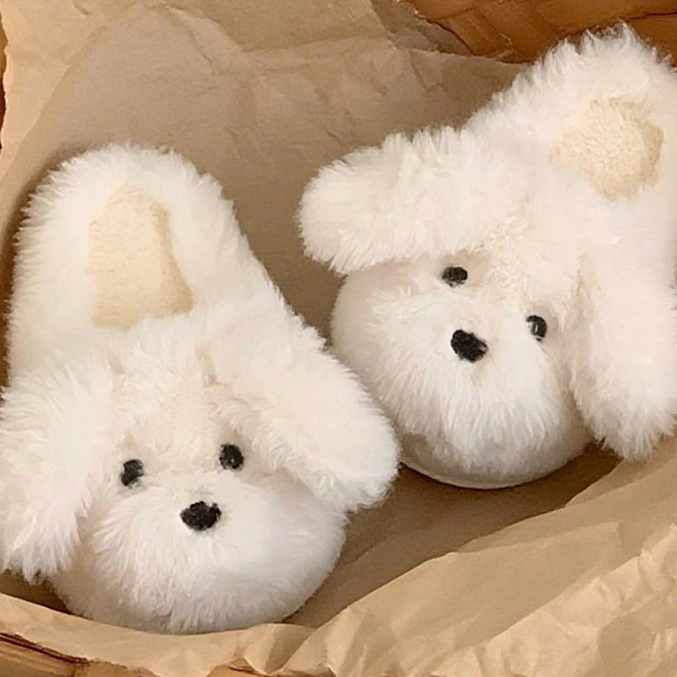 Women House Fur Slippers Casual Cute Lovely Puppy Design White Brown Winter Indoor Non-slip Warm Soft Soles Comfy Home Female view 5