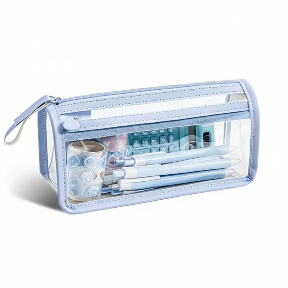 Multi-functional Transparent Pen Bag Stable Triangle Base Large Capacity Pencil Case Double Layer Stationery Bag Gift