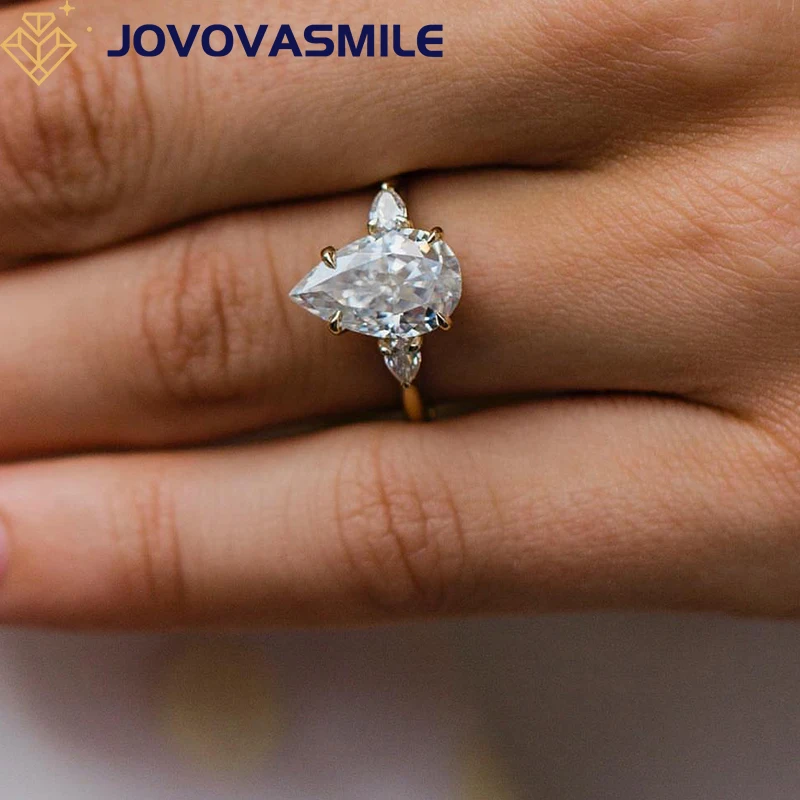 

JOVOVASMILE 14k Yellow Gold Moissanite Wedding Ring 3 Carat 12*7.5mm Crushed Ice Pear Cut Three-Stone for Woman Wedding