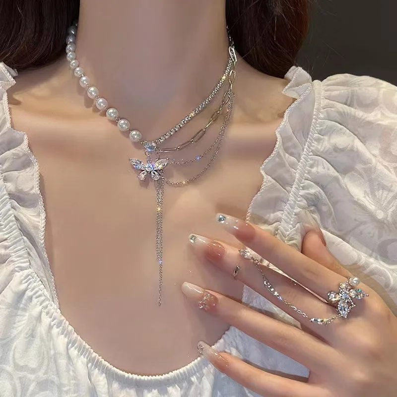 Korean Fashion Shiny Crystal Butterfly Necklace for women Multi-layer Pearl Clavicle Chain Necklace 2022 Trend Aesthetic Jewelry