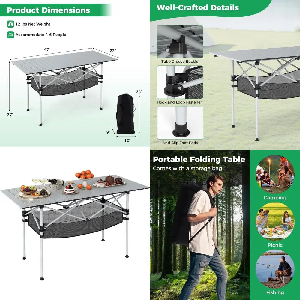 

Портативный складной стол для пикника с откидной столешницей и сетчатой корзиной, идеально подходит для отдыха на природе, пляжа, рыбалки, барбекю, патио (47x22x27, серебристый)