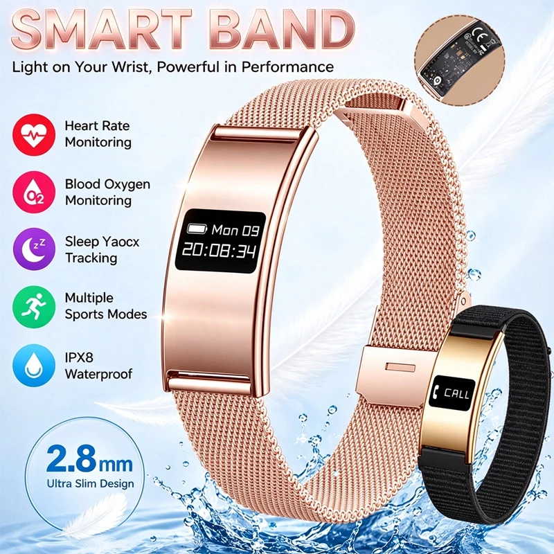 Ultra-thin Smart Bracelet Heart Rate Blood Oxygen Sleep Monitor IPX8 Waterproof Call Reminder Smart Watch Sports Women Men Band