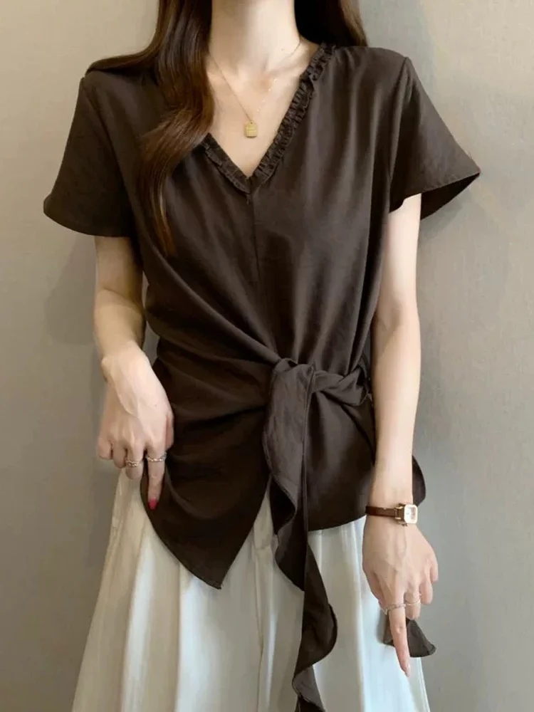 

V-Neck Short Sleeve Shirt Women's plus Size Belted Waist Top Korean Style Commute Fashion Large Size Beautiful MM Tie Shirt