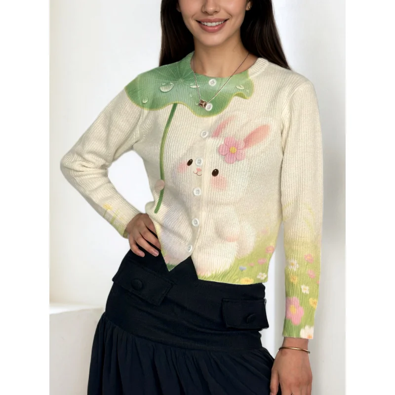 

Korean Version Forest Style Little Rabbit Print Women's Sweater Cardigan Thickened Loose Round Neck Long Sleeve Button Autumn