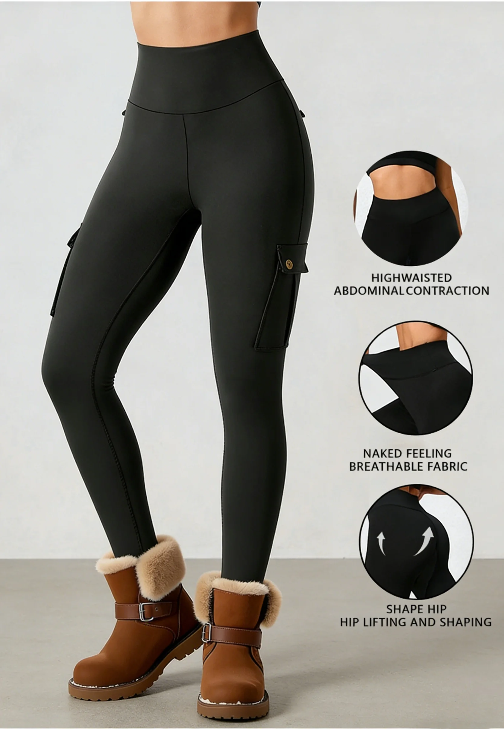 Winter Women's Lined Cargo Leggings High Waist with Multi Pockets High Elastic Butt Lifting Slim Fit Daily Wear Warm Stylish