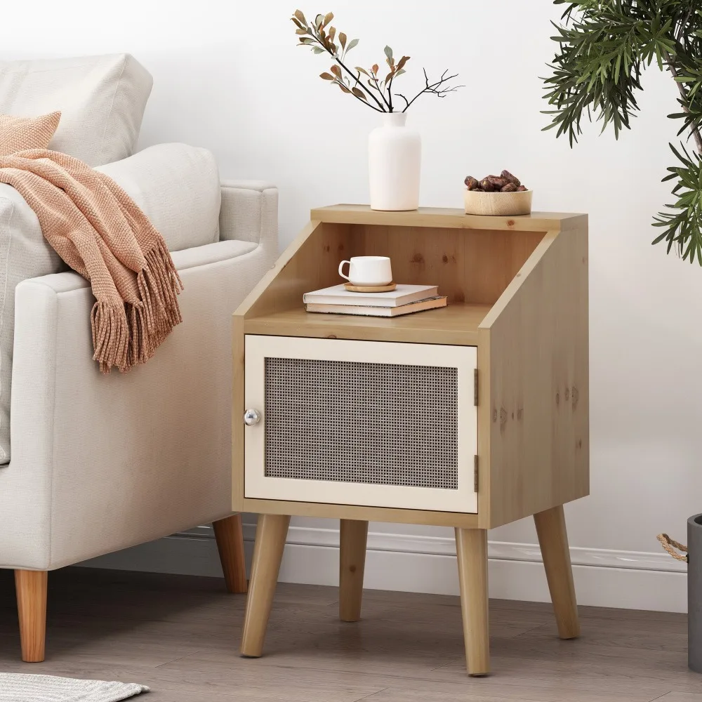 Modern Nightstand Rattan Side End Table, for Living Room, Bedroom, Accent Bedside Farmhouse Tables with Solid Wood Legs