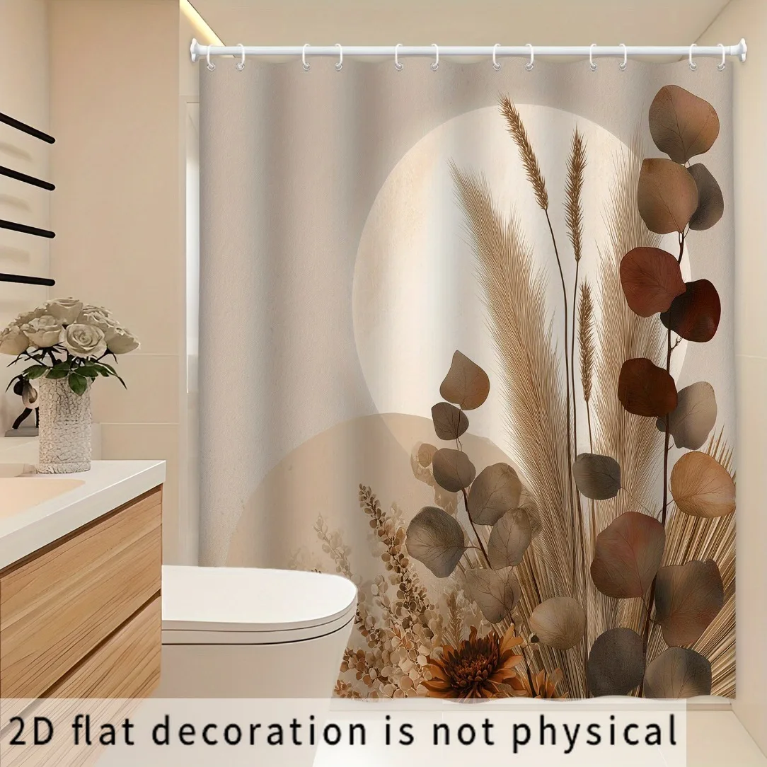2D Flat, 2D Flat, 2D Flat Shower Curtain 1pc Morandi Color Dried Flower Eucalyptus Pattern Shower Curtain, Healing Wabi-Sabi Sty