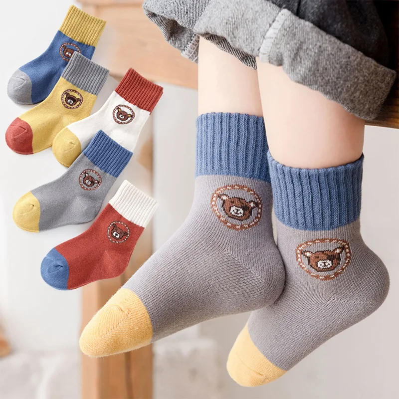 Calcetines de algodón con estampado de oso de dibujos animados para bebé, 5 pares, 1 a 14 años, otoño