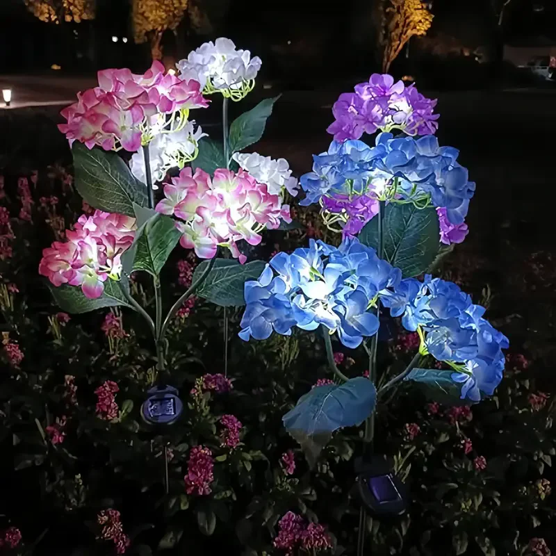 Solar Powered Realistic 3-Head LED Hydrangea Light Flower Stakes Ground Light Outdoor Decor Lamp Pathway Waterproof  Pond Floral