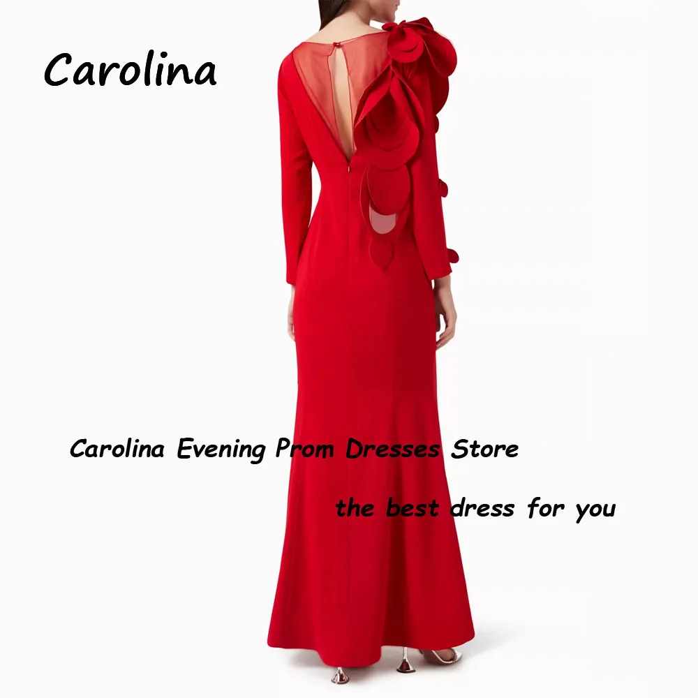 Carolina Red O-Neck Appliques Mermaid Evening Dress Saudi Arabia 2024 Slim Crepe Long Sleeve Ankle-Length Prom Dress