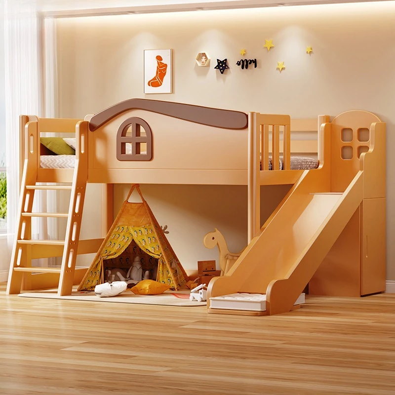 Full solid wood children's bed bunk bed secret base hut half high bed empty under the boys and girls slide
