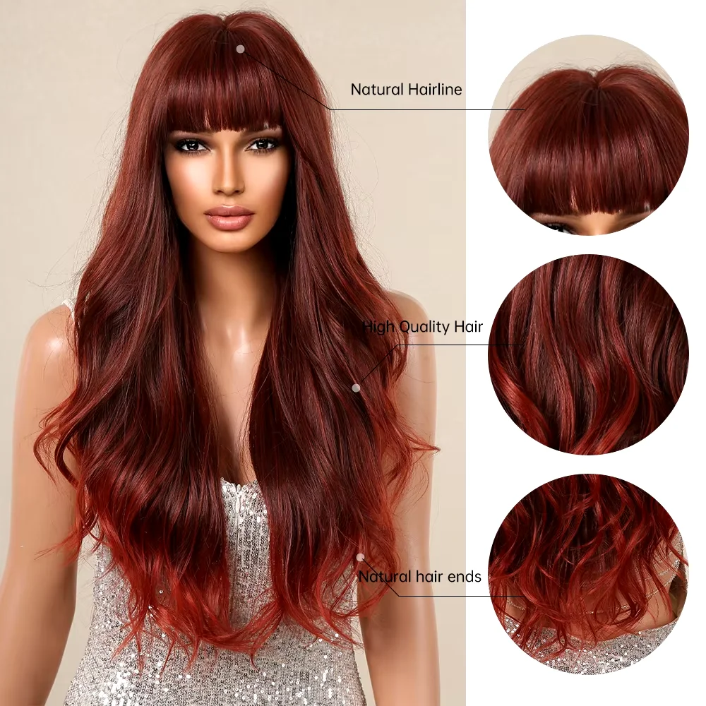 Long Burgundy Wavy Synthetic Wigs for Women Ombre Red Wig with Bangs Daily Party Fake Hair Natural Soft Fiber Wig Heat Resistant