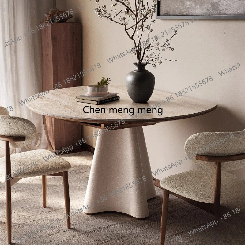 

French rock slab dining table variable round household solid wood dining table cream style dining table simple