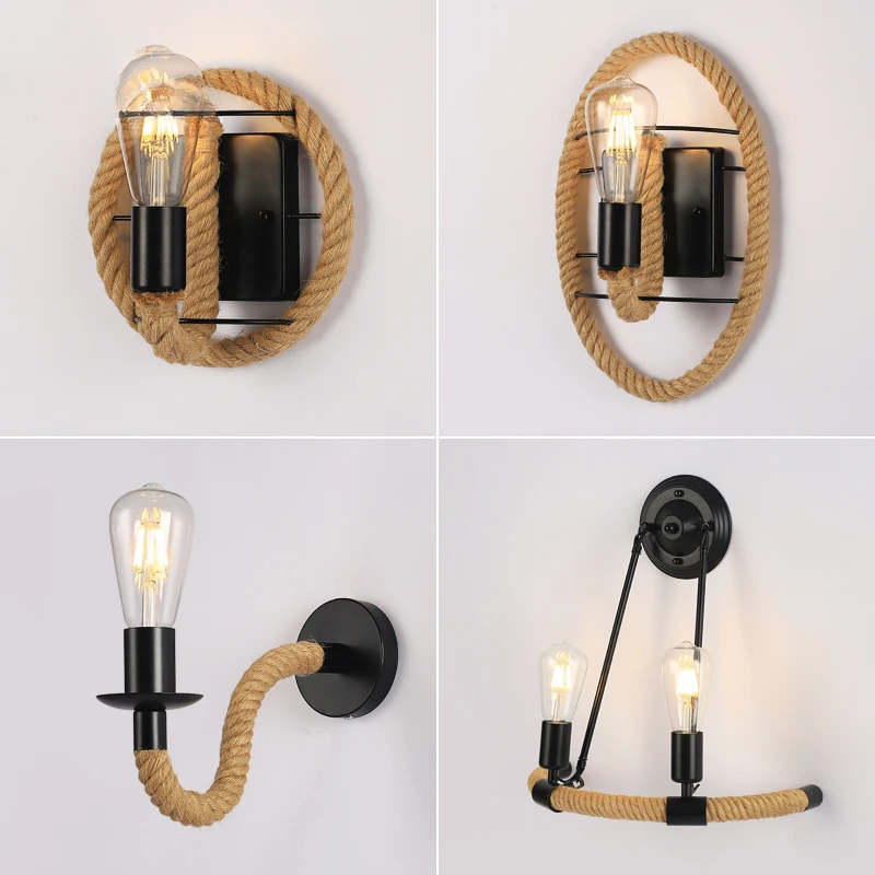 

Hemp Rope Wall Lamp Retro Lamp Interior Wall Lamp Loft Industrial American Style E27 110V 220V Room Decor Wall Light