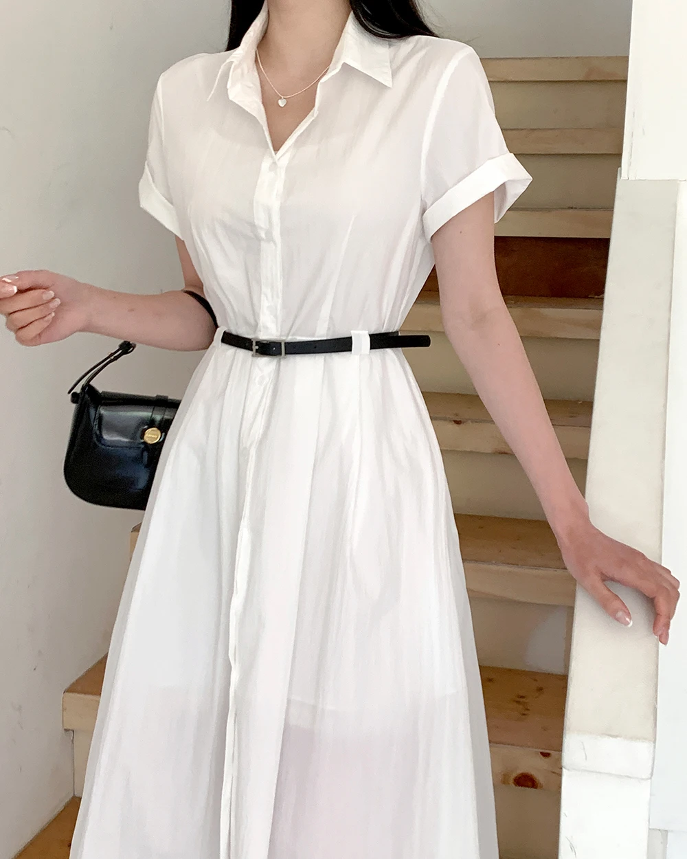 Chic White Short Sleeve Women Shirt Dress Summer Turn Down Collar A-Line Casual Dress Simple French Style Simple-breasted Dress